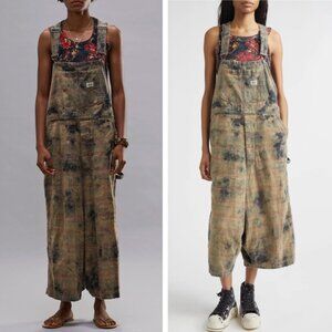 NWT R13 Overdyed Plaid Cotton Flannel Jumbo Overalls Bleached Orange Green Plaid